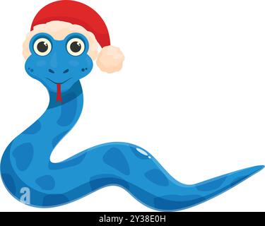 Lächelnde blaue Schlange mit weihnachtsmann-Hut für die weihnachtsfeiertage, lustiger Reptiliencharakter Stock Vektor