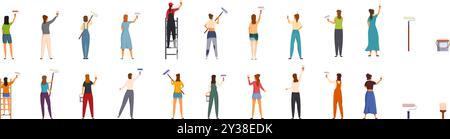 Icons für die Wandmalerei der Frau. Eine große Gruppe von Malern, die eine Wand mit Malerwalzen und Pinseln von hinten betrachten Stock Vektor