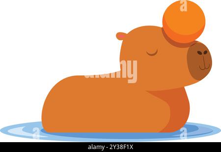 Niedliche Karikatur-Capybara, die sich im Wasser mit einer ausgewogenen Orange auf dem Kopf entspannt Stock Vektor