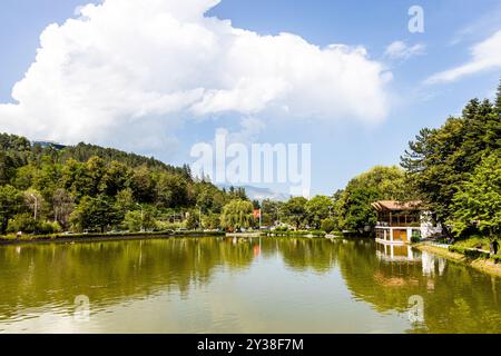 Dilijan, Armenien - 5. Juli 2024: Blick auf den künstlichen See Stadtteich in der Stadt Dilijan an sonnigen Sommertagen Stockfoto