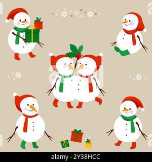 Weihnachten Schneemänner Set mit Weihnachtsgeschenken. Schneemänner mit Weihnachtsmützen und Weihnachtsmannmützen. Stockfoto