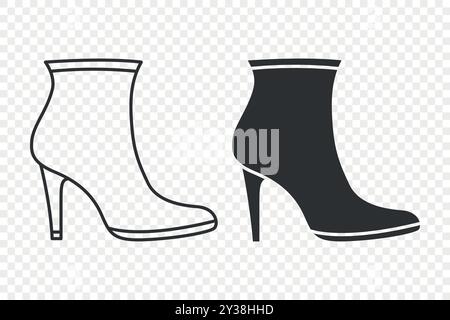 Flache Vektor-Stiefeletten in Linear und Silhouette für Damen mit Stilettoabsatz im Icon-Set. Fashion Footwear Symbol Collection, Design Template, Clipart Stock Vektor