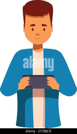 Der junge Mann hält ein Smartphone in der Hand und spielt ein mobiles Spiel Stock Vektor