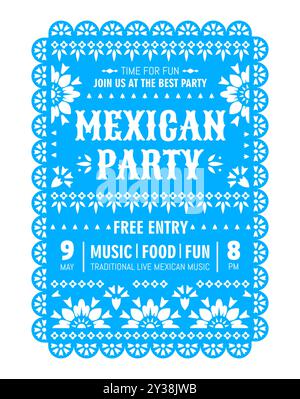 Mexikanische Partei Papier geschnitten oder Papel Picado Flyer für Feiertag fiesta, Vektor blauer Hintergrund. Einladungsflyer für mexikanische Unterhaltungsparty oder Latin fiesta-Feier in Papierfahne für Musikfestival Stock Vektor