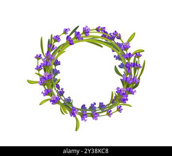 Lavendel Blumen Kranz für Provence Blumenrahmen oder Aroma Kräuteröl Kosmetik, Vektor-Symbol. Runder Kranz mit Lavendelblumen und Blütenblättern für Hochzeitsgrußkarten oder Gartenpflanzen Stock Vektor