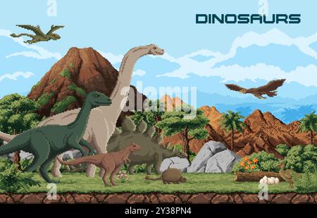 8 Bit Pixel Kunst prähistorische Dinosaurier und Jurassic Eidechsen im Wald, Vektor-Zeichentrickhintergrund. Prähistorische 8-Bit-Landschaft mit T-rex tyrannosaurus, Brontosaurus, Pterodactyl und Velociraptor Stock Vektor