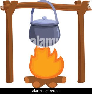 Der Kochtopf hängt über einem Lagerfeuer an einem Holzpfahl, perfekt für die Illustration der Outdoor-Küche Stock Vektor