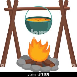 Der Kochtopf hängt über dem Lagerfeuer auf einem Holzstativ, das Konzept der Zubereitung von Campingmahlzeiten im Cartoon-Stil Stock Vektor