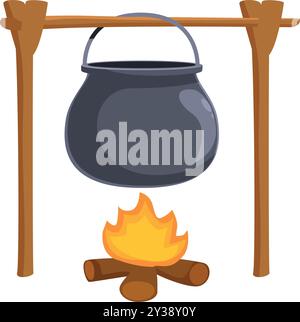 Der schwarze Kessel hängt über dem Lagerfeuer auf einem Holzstativ Stock Vektor