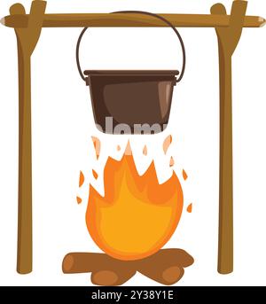 Metalltopf hängt über einem Lagerfeuer auf einem Holzregal Stock Vektor
