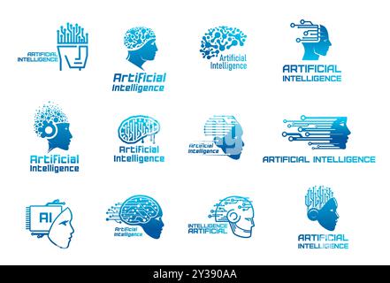 KI-Symbole für künstliche Intelligenz, maschinelles Lernen, Datentechnologie. Roboter und menschlicher Kopf mit Tech-Hirnvektor-Silhouetten. Digitales Gehirn oder Verstand mit Chip- und Computerplatinenmustersymbolen Stock Vektor