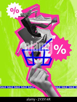 Poster. Zeitgenössische Kunstcollage. Hand präsentiert mit Schuhen gefüllten Korb, von Schuhen bis zu Sneakers, vor leuchtendem Grün und Rosa Hintergrund. Stockfoto