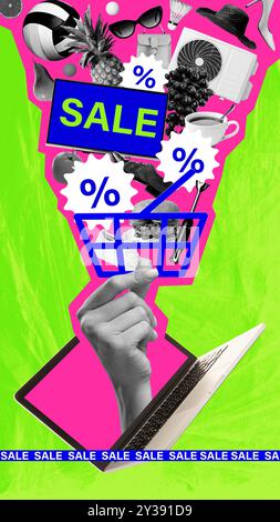 Poster. Zeitgenössische Kunstcollage. Die Hand hält den Warenkorb, der vom Laptop-Bildschirm auftaucht, mit einer Vielzahl von Verkaufsartikeln wie Lebensmitteln, Geldbörsen und Stockfoto