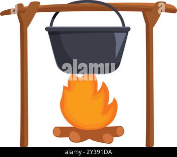 Illustration im Cartoon-Stil mit einem schwarzen Kessel, der über einem brennenden Lagerfeuer hängt, perfekt für die Darstellung der Outdoor-Küche während Wanderungen und Campingausflügen Stock Vektor
