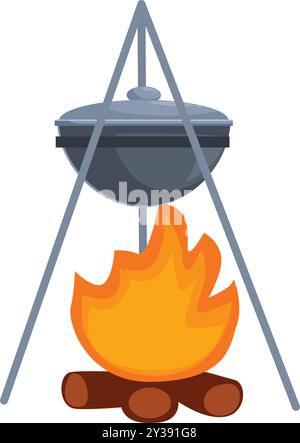 Kochtopf hängt über dem brennenden Lagerfeuer auf einem Stativ, im Cartoon-Stil Stock Vektor