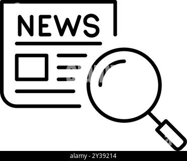 Zeitung und Lupe. Informieren Sie sich über Nachrichten, Journalistenuntersuchungen und Fakten. Pixelperfektes, bearbeitbares Konturvektorsymbol Stock Vektor