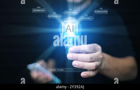 KI-Technologiekonzept. Der Mann hält die beleuchtete Glühlampe mit intelligentem Ai-Chip und Prompt. Künstliche Intelligenz zur Steigerung der Produktivität, automa Stockfoto