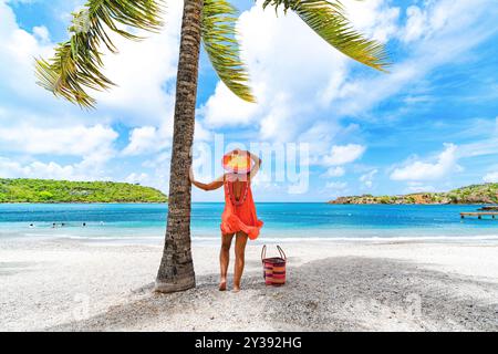 Fröhliche Frau, die das Meer von einem palmengesäumten Strand aus bewundert Stockfoto