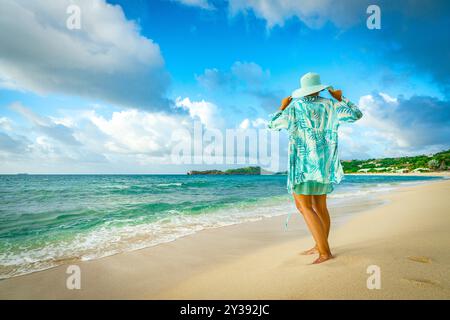 Frau, die das kristallklare Meer am Strand bewundert Stockfoto