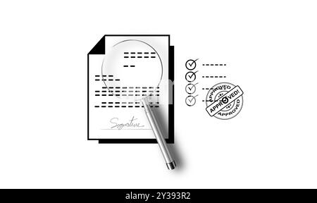 Genehmigungskonzept für Geschäftsprojekte. Abbildung von Dokumenten, Vergrößerungsglas, Checkliste und genehmigtem Stempel für den Workflow des Genehmigungsprozesses Stockfoto