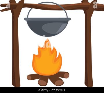 Ein Metalltopf hängt über einem brennenden Lagerfeuer auf einem Holzzweig, im Zeichentrickstil Stock Vektor