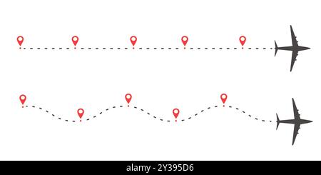 Flugzeug-Zeiteinlauf gestrichelte Linie mit Pin. Infografik-Ziel-Arbeitsvorlagenvorlage. Flugzeugsymbole, Roadmap-Infografik und Routen mit Standort. Vektorabbildung Stock Vektor