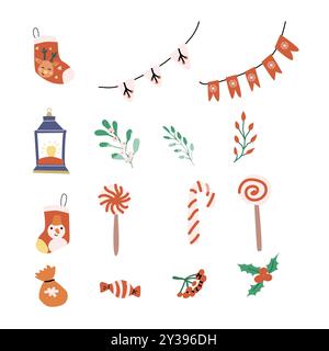 Süße weihnachtsweihnachten. Alles Gute zum neuen Jahr und Weihnachtsdekoration Set. Flaches Design. Weihnachtsdekor Vektor-Illustration. Stock Vektor