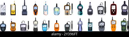 Symbole für Thermohygrometer eingestellt. Set aus farbenfrohen elektronischen Werkzeugen zur Messung von Umgebungsparametern, Temperatur, Feuchtigkeit und anderen Indikatoren Stock Vektor