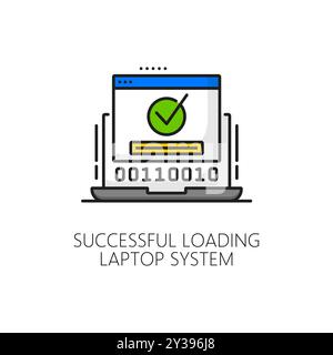 Aktualisierung der Laptop-Systemsoftware erfolgreich Ladesymbol. PC-Anwendungen entwickeln Technologie, Software Service Update herunterladen Umrissvektorzeichen mit Binärcode auf Laptop-Bildschirm und grüner Markierung Stock Vektor