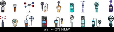 Anemometer-Symbole eingestellt. Sammlung von Anemometern, die Windgeschwindigkeitsmessungen auf unterschiedliche Weise zeigen Stock Vektor