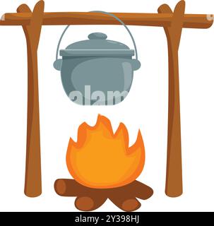 Der Kochtopf hängt über einem brennenden Lagerfeuer an einer Querstange, perfekt für die Illustration der Outdoor-Küche Stock Vektor