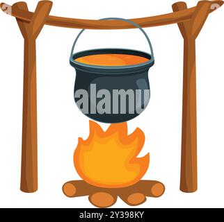 Cartoon-Illustration eines schwarzen Kessels, der über einem brennenden Lagerfeuer auf einem hölzernen Stativ hängt Stock Vektor
