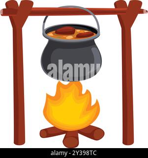Der schwarze Kessel hängt über einem brennenden Lagerfeuer und kocht Essen für hungrige Camper Stock Vektor