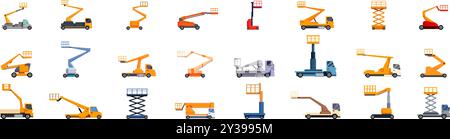 Symbolsatz für Hubplattform-Korb. Set aus farbigen, isolierten Symbolen verschiedener Bauplattformen mit hydraulischen Hubmechanismen für Arbeiten in großer Höhe Stock Vektor