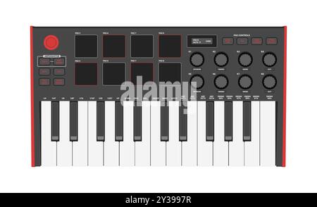 Kleiner Synthesizer, MIDI-Controller. Zwei Oktaven Tastatur, Schlagzeug-Pads und Knöpfe. Elektronisches Musikinstrument, Vektorillustration. Stock Vektor