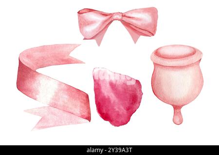 Eine Menstruationstasse, eine Satinschleife, ein Band, ein pfirsichfarbenes Aquarell, isoliert auf weiß. Ideal für umweltfreundliche Menstruationspflege Dekor und Design Stockfoto