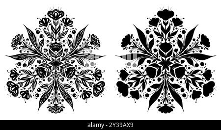 Satz von Vektor-monochromen dekorativen floralen Mandalen isoliert auf weißem Hintergrund. Sammlung kunstvoller, floraler Kreis-Clip-Art in schwarzen Farben Stock Vektor