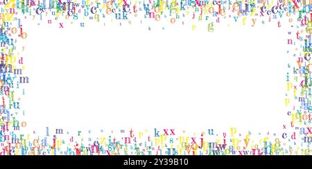 Fallende englische Buchstaben. Bunte kindische fliegende Zeichen des lateinischen Alphabets. Fremdsprachenstudienkonzept. Back-to-School-Banner auf weißem Hintergrund. Stock Vektor