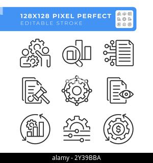 Workflow Management Pixel Perfect lineare Symbole gesetzt Stock Vektor