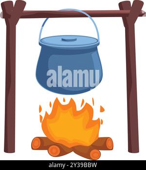 Karikaturikone mit einem Kochtopf, der über dem Lagerfeuer auf Holzträger hängt Stock Vektor