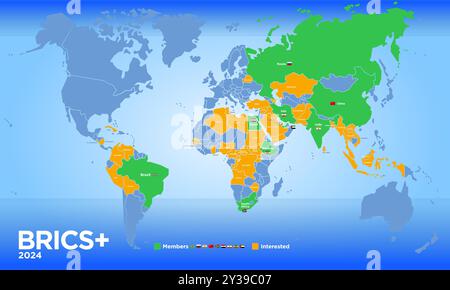 BRICS PLUS-Länderkarte oktober 2024 mit neuen und potenziellen Mitgliedern, internationaler Wirtschaftsorganisation, Vektorillustration Stock Vektor