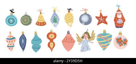 Niedliche Weihnachtskugel oder weihnachten Vintage Spielzeug Vektor Illustration. Flaches Design, handgezeichnet. Weihnachtsdekoration. Happy Holiday-Elemente-Set. Stock Vektor