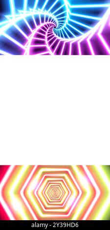 Rotgelbes Neon-Hexagon-Kaleidoskop-Portal. Hologramm Trippy hypnotisch Psychedelic bg. Abstrakte geometrische Teleporttür. Vektorillusorische Abstraktion Stock Vektor