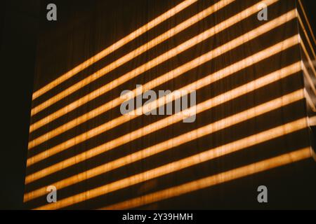 Sonnenlicht, das durch Jalousien geht und Streifen auf Licht in einem Winkel auf die hölzerne Wohnwand projiziert. Nahaufnahme, keine Leute. Stockfoto