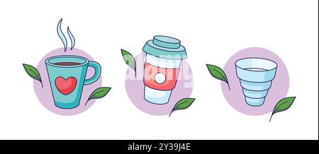 Set mit umweltfreundlichen Geschirr, Tassen. Null-Abfall-Konzept. Vektorillustration im Cartoon-Stil Stock Vektor