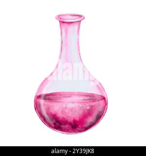 Transparenter Glaskolben, Flasche mit rosafarbener Flüssigkeit, Reagenzglas mit Liebestrank, magisches Elixier. Attribute für Halloween, Sabbath, Valentinstag Stockfoto