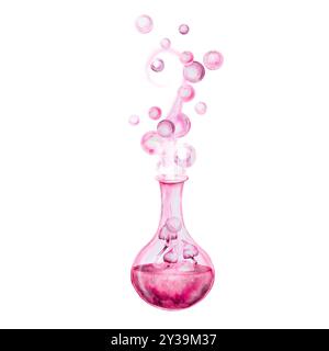 Glasflasche, Flasche mit rosafarbener Flüssigkeit und giftigen Pilzen, Liebestrank, magisches Elixier. Attribute für Halloween, Sabbath, Valentinstag. Zubehör Stockfoto