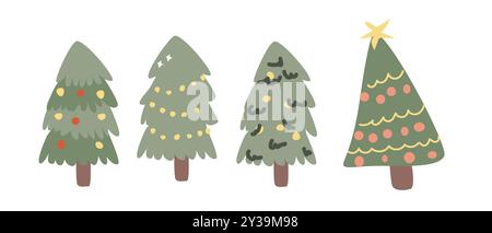 Isoliertes Symbol für Weihnachtstanne. Hand gezeichnete weihnachtsbaum-Vektor-Illustration der Kinder. Süße Kiefer mit festlichen Elementen, Girlanden, Kugeln. Flaches Design. Stock Vektor