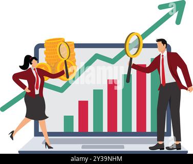 Finanzinvestitionen, Analysen mit Wachstumsbericht, Analysieren, Teamwork Stock Vektor