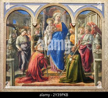 Die Jungfrau und das Kind umgeben von Engeln und Heiligen Frediano und Augustinus, bekannt als Barbadori Altarstück, Gemälde auf Tafel, 1437, Filippo LIPPI Stockfoto